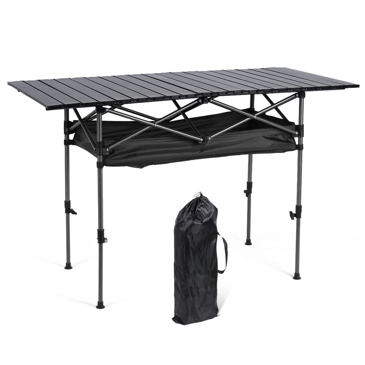 aluminium outdoor picnic table with mesh storage basket underneath