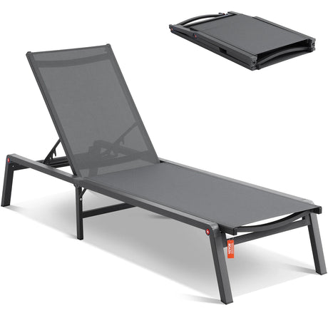 Aluminum Outdoor Lounge Chair – Foldable 5 - Position Patio Recliner Lightweight Dark Gray - Hurbane Home