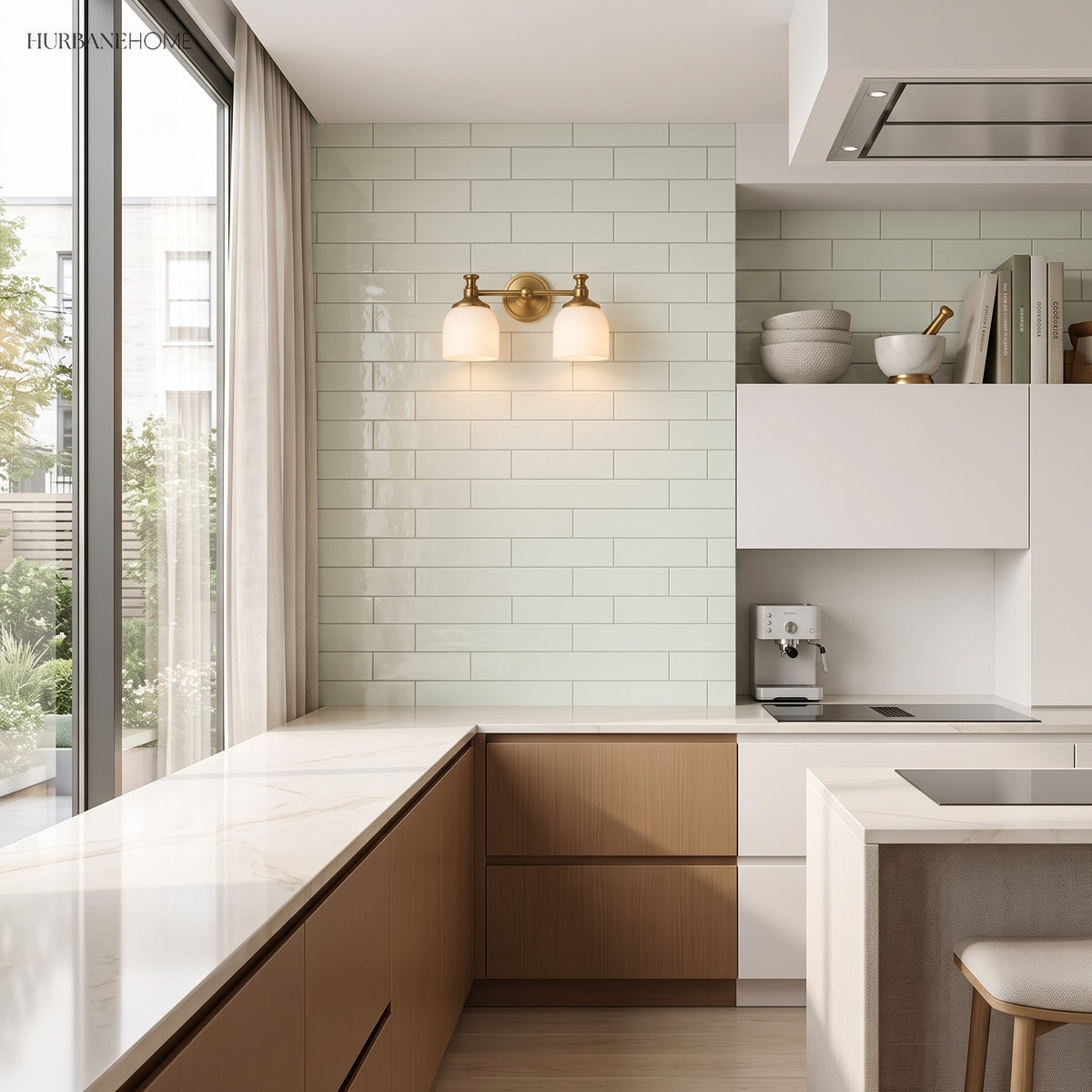Two light brass and milk glass sconce above a bright kitchen counter