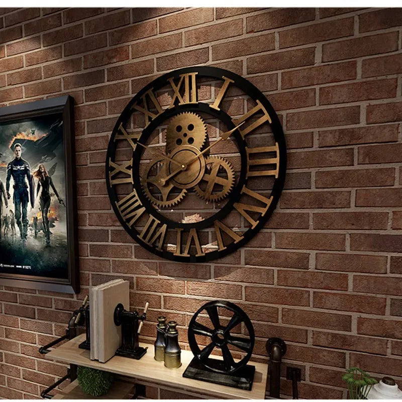antique industrial wall clock hanging in modern living room