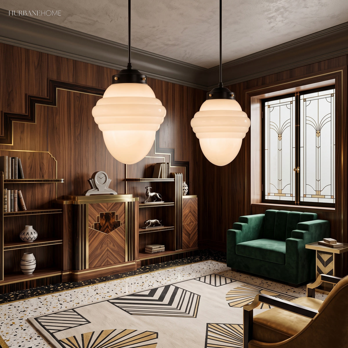Two stepped milk glass pendants in a walnut panelled art deco lounge