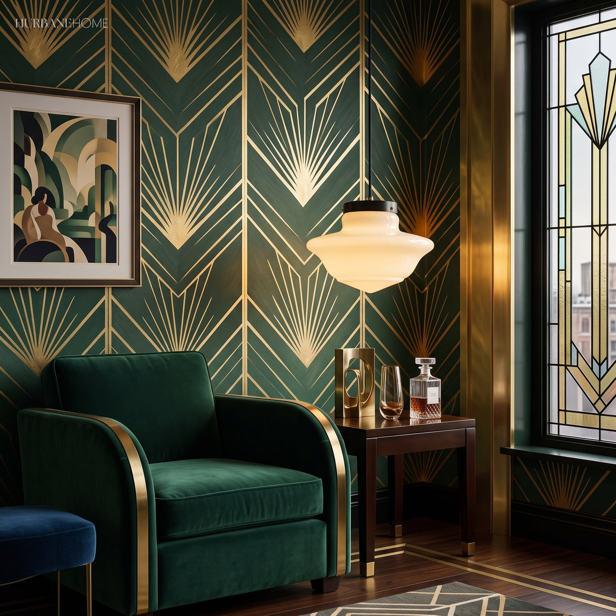 Stepped milk glass pendant lighting a green velvet armchair and window
