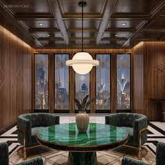 Ringed milk glass pendant above a round table in a panelled dining room