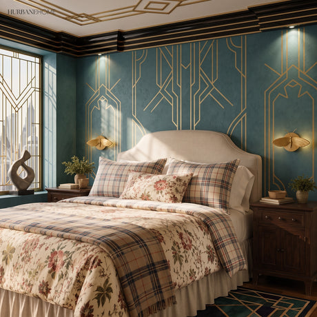 Pair of moth sconces flanking a bed in an art deco styled bedroom