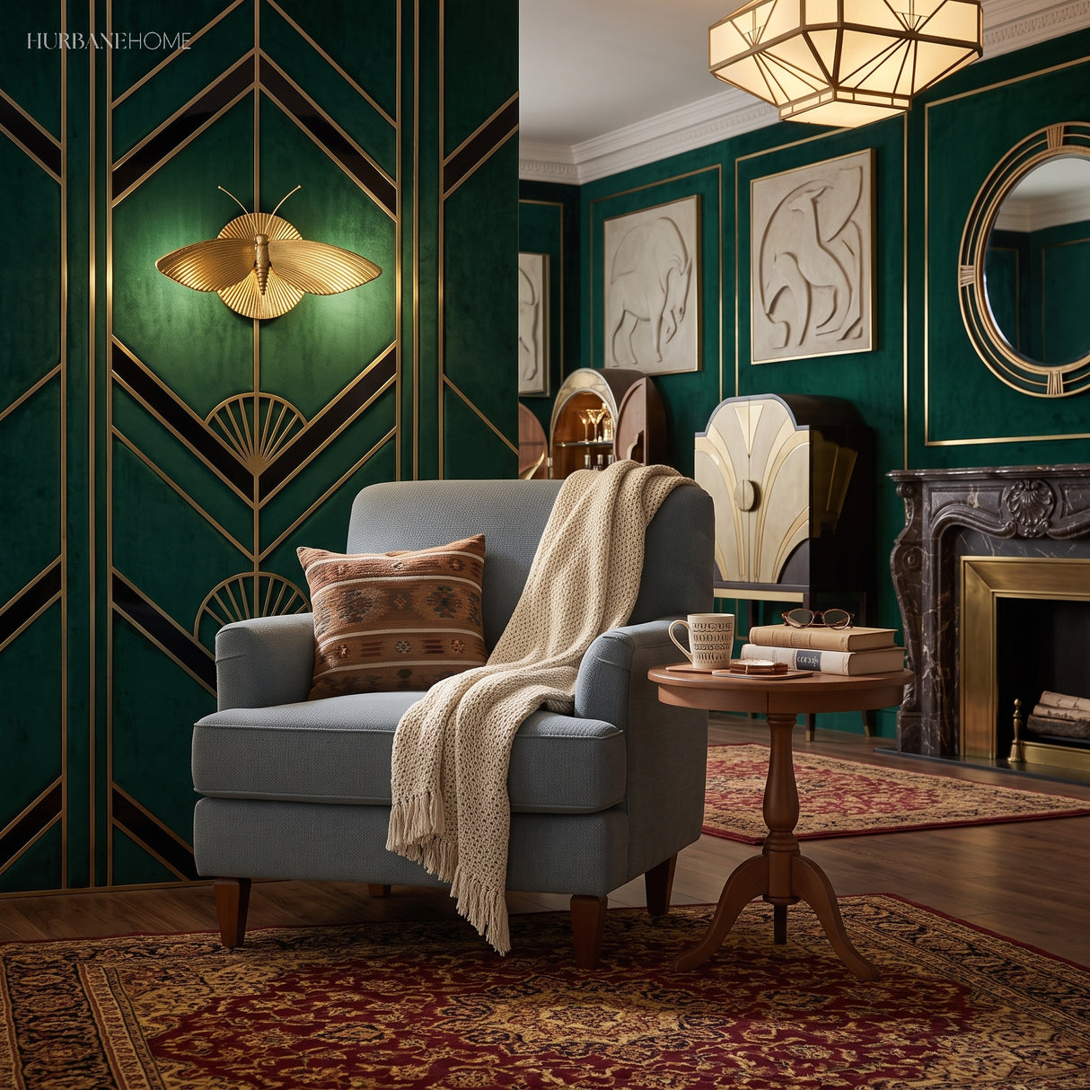 Moth sconce lighting a green art deco living room with fluted detailing
