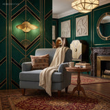 Moth sconce lighting a green art deco living room with fluted detailing