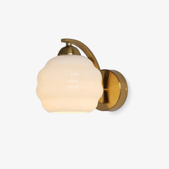 Art Deco opal glass globe wall sconce with a curved metal arm, view 1