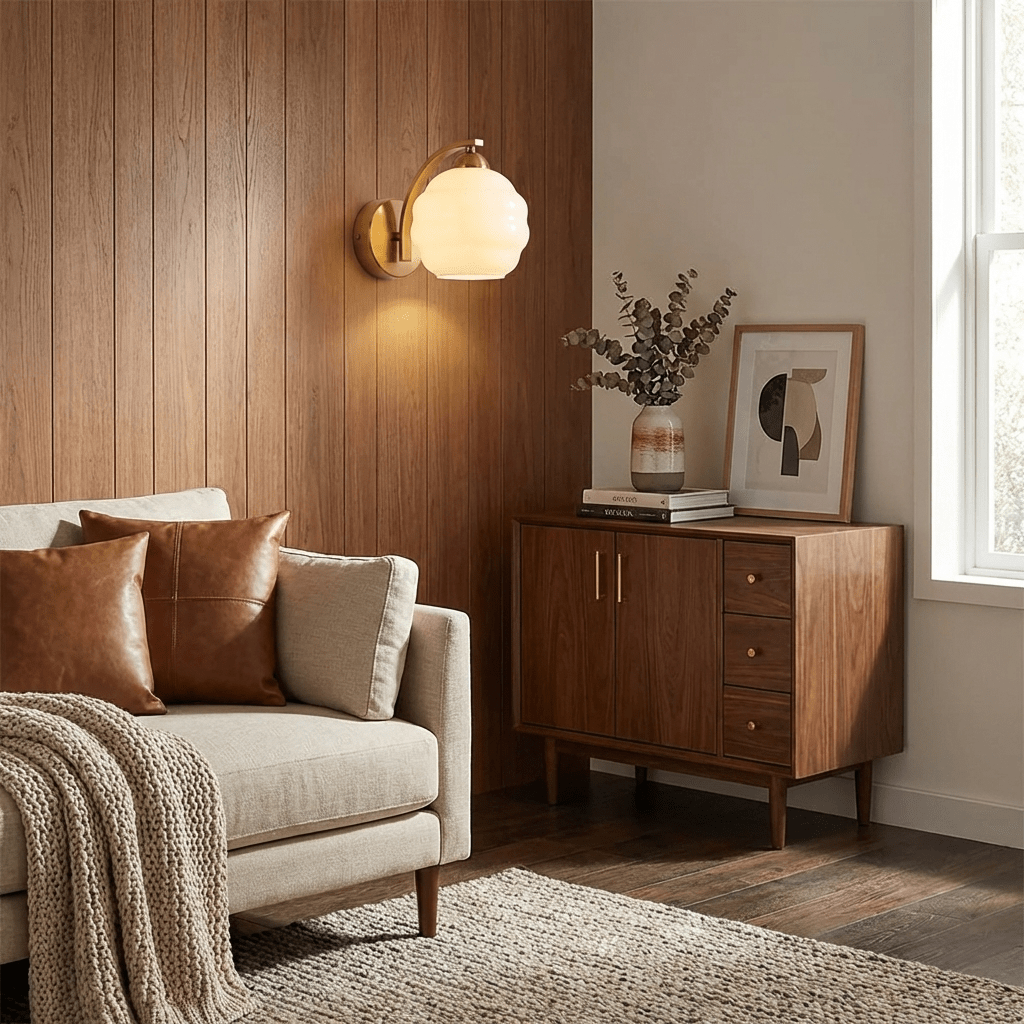 Indoor wall sconce with an iron body and opal glass globe, view 6