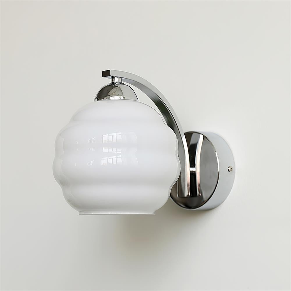 Frosted glass wall sconce with a chrome arm and round plate, view 27