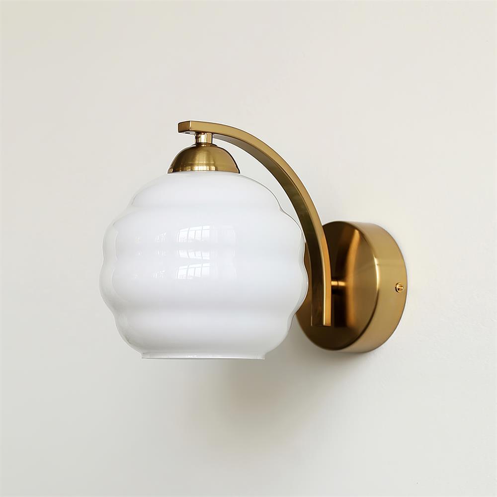 Hardwired E26 glass globe wall sconce in a gold and white finish, view 29