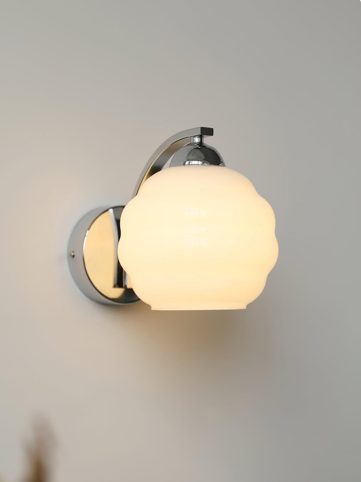 Art Deco opal glass globe wall sconce with a curved metal arm, view 31