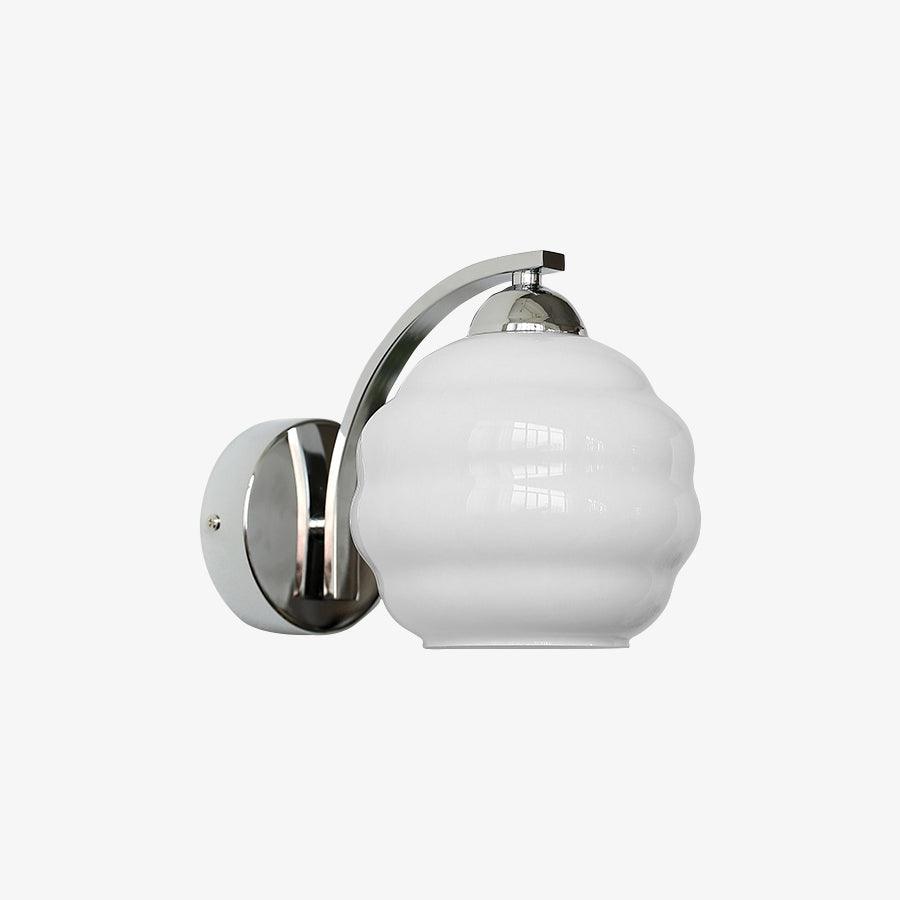 Frosted glass wall sconce with a chrome arm and round plate, view 33