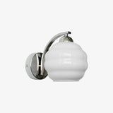 Frosted glass wall sconce with a chrome arm and round plate, view 33