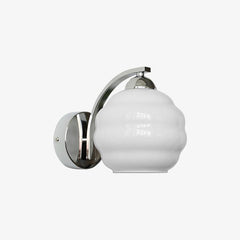 Frosted glass wall sconce with a chrome arm and round plate, view 33