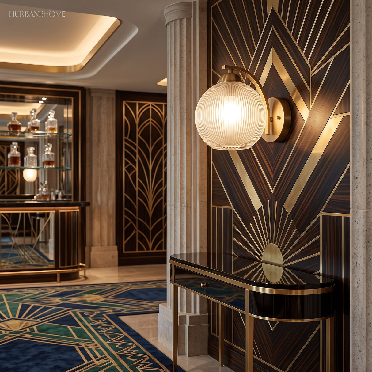 Ribbed opal glass sconce lighting a panelled Art Deco hallway bar area