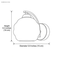 Line drawing of wall sconce, 6.3 inch height by 5.9 inch diameter
