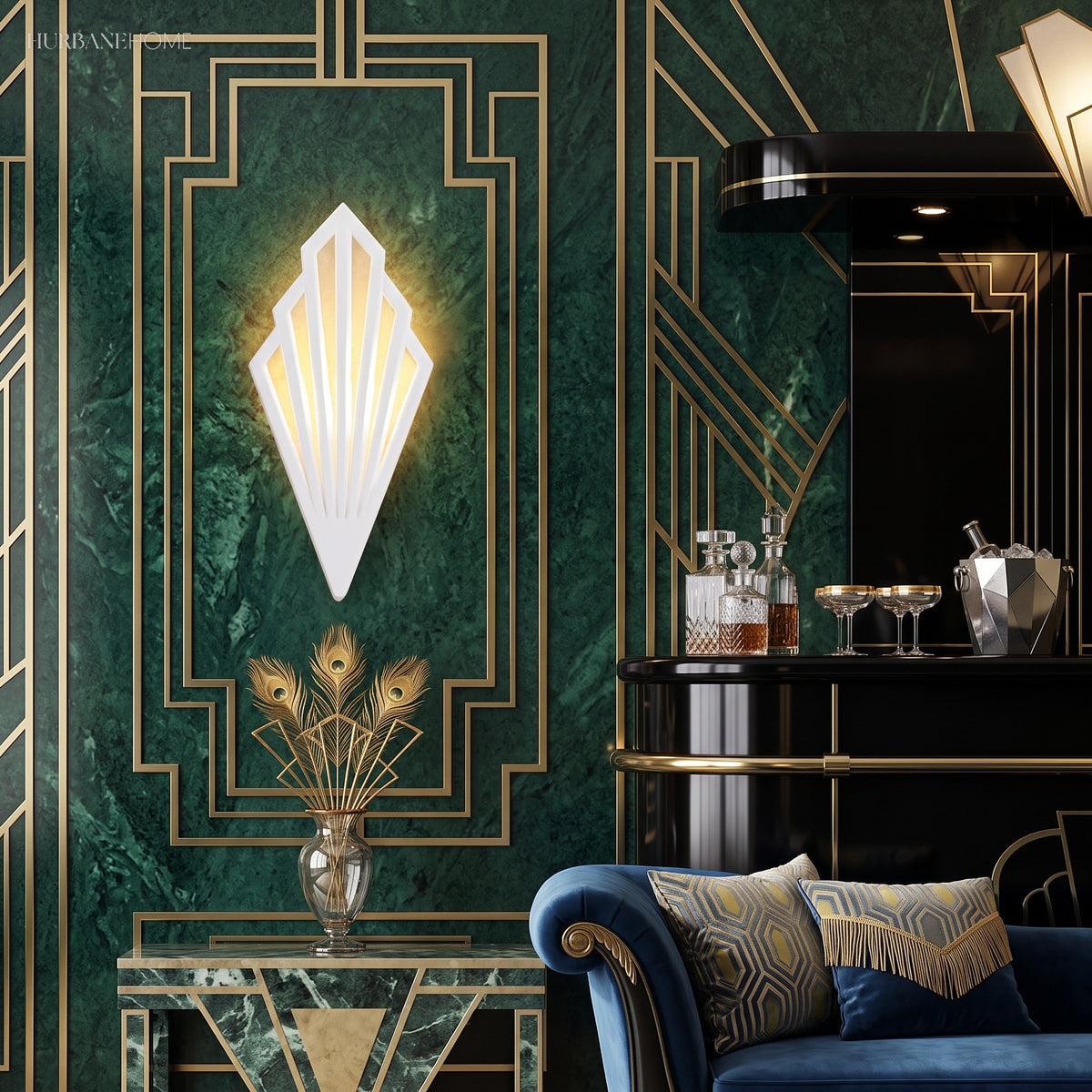 White fan sconce lit on a green marble wall in a bar room