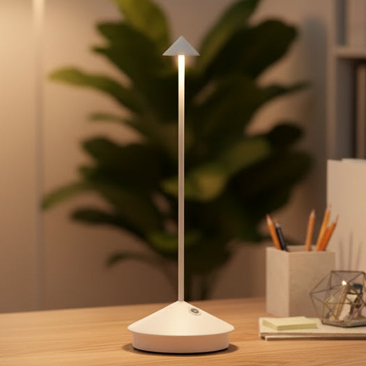 Rechargeable table lamp with conical shade and slim aluminum stem