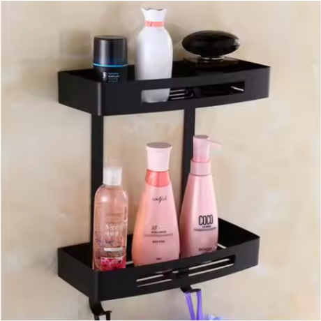 Bathroom corner steel rack organizing soap and accessories