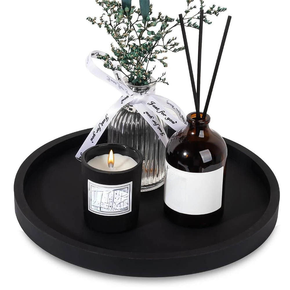 Bathroom counter organizer tray styled with soap dispenser and candle