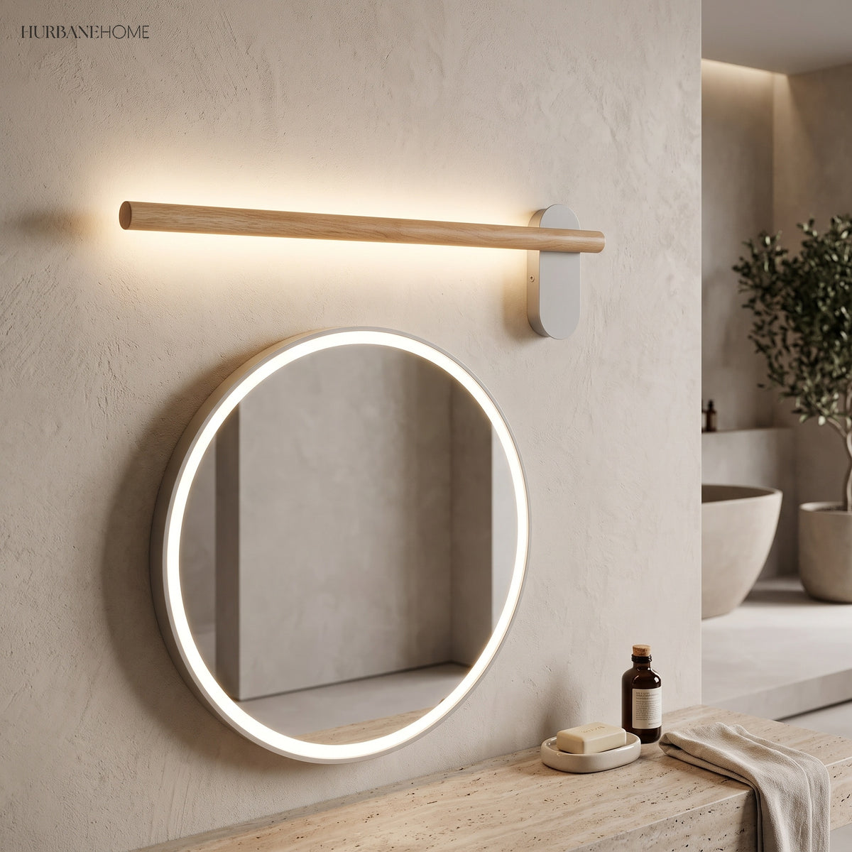 Slim wood vanity light lit above a large round bathroom mirror