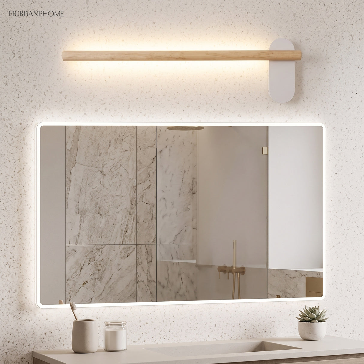 Slim wood vanity light above a wide rectangular lit mirror