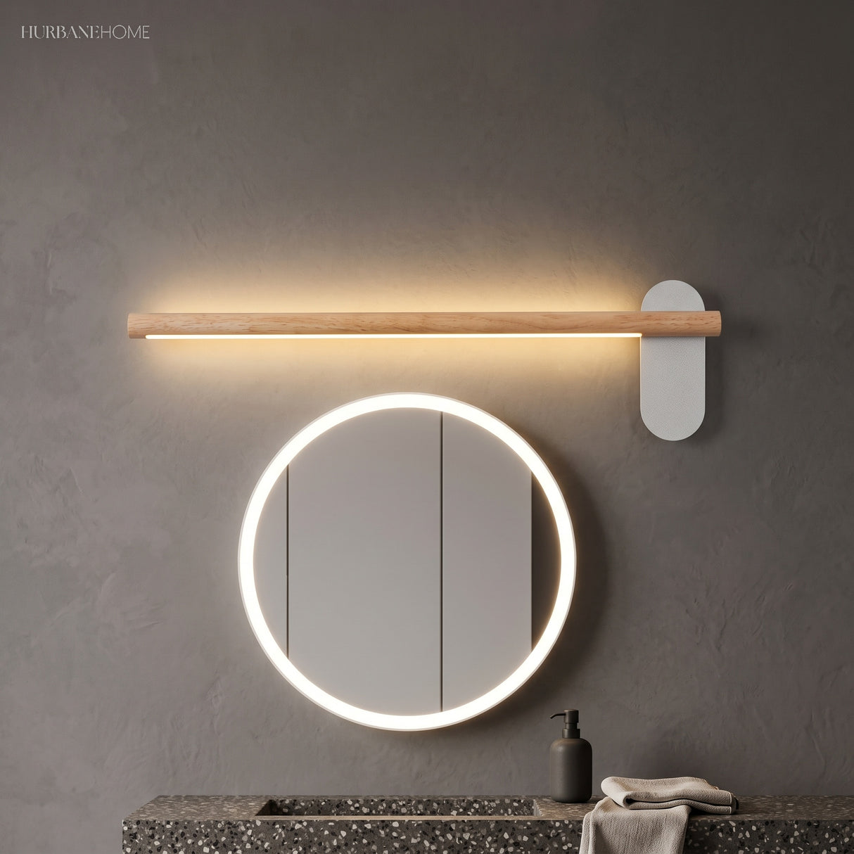 Slim wood vanity light above a round mirror with a lit rim