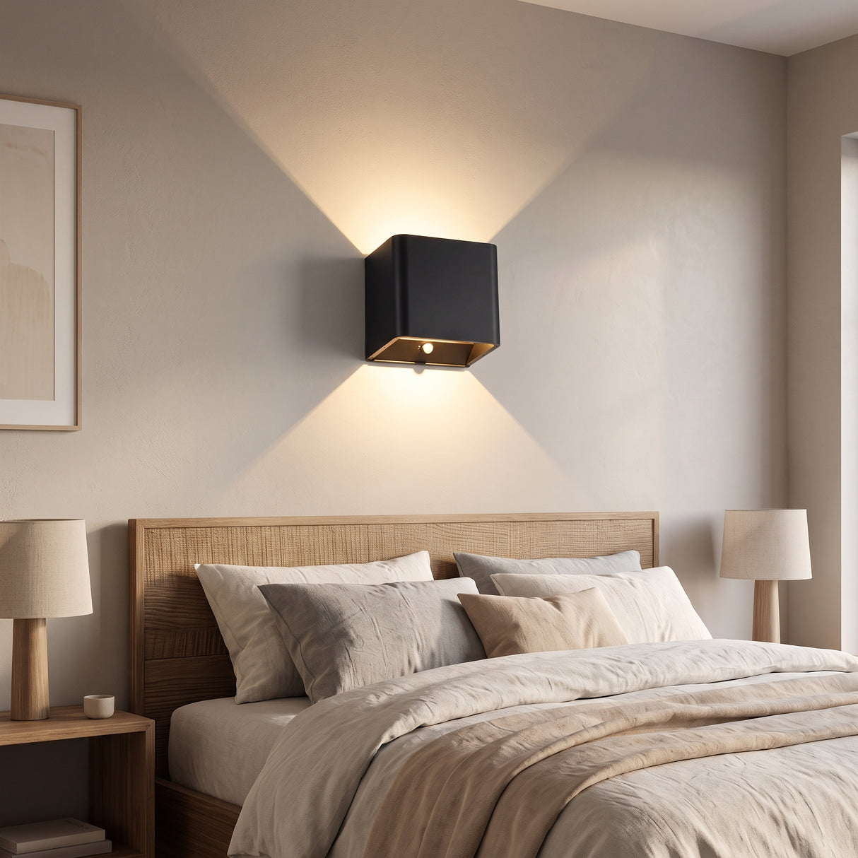 Black cube battery wall sconce lit above a bed with wood headboard