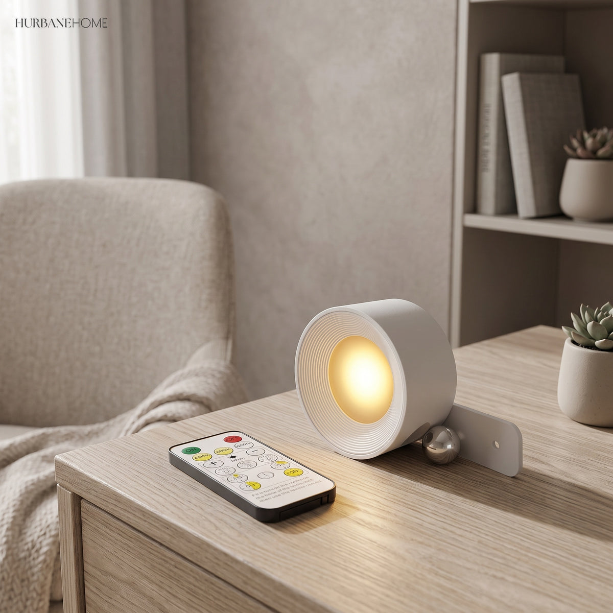 White rotating light on a pale desk beside its remote control