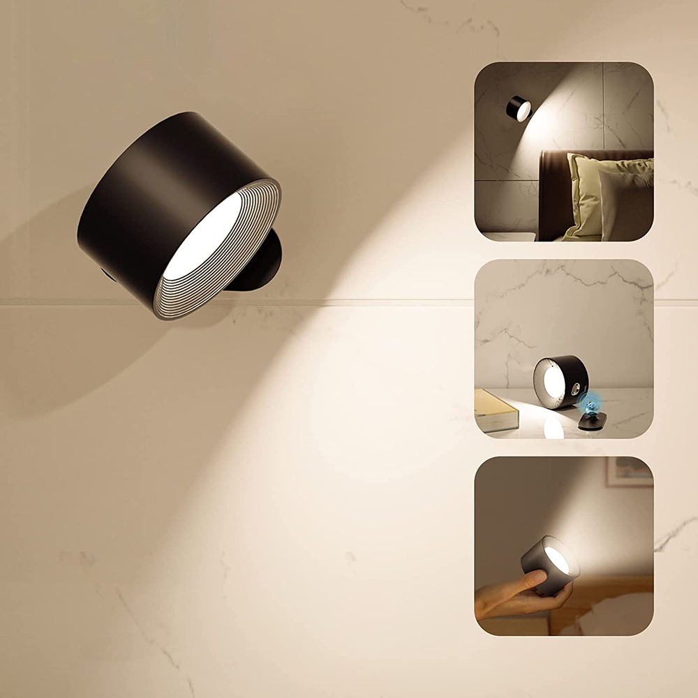 Black puck light with three inset views of it used around a room