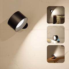 Black puck light with three inset views of it used around a room