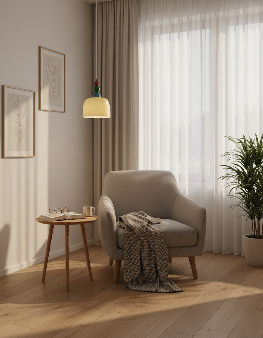 Beaded pendant hung above a side table beside a grey armchair and curtains