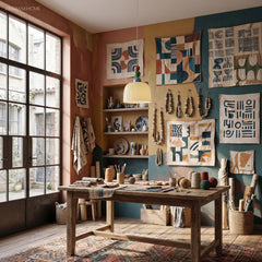 Beaded pendant light above a worktable in a blue studio hung with prints