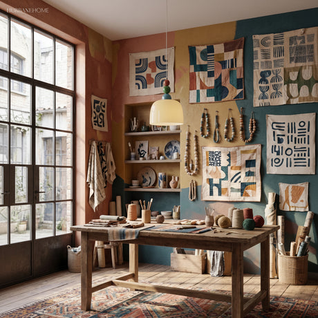 Beaded pendant light above a worktable in a blue studio hung with prints