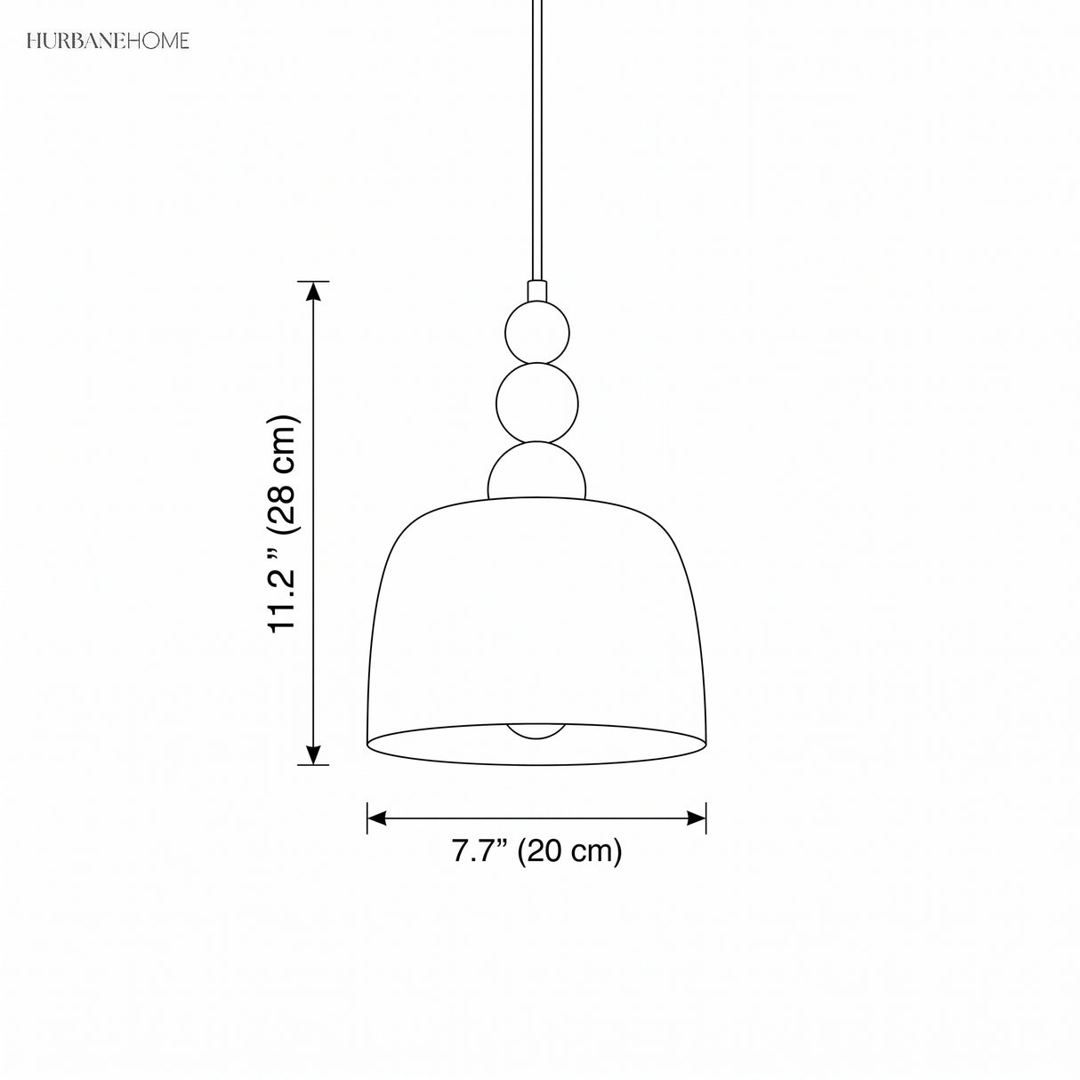 Line drawing of the beaded pendant marked 7.7 inches wide and 11.2 inches tall