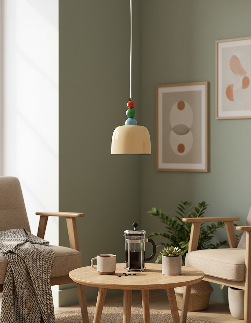 Beaded pendant in a sage green lounge above a low table with a cafetiere