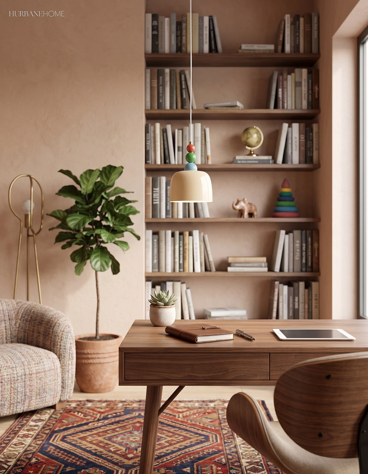 Beaded pendant hanging beside tall bookshelves above a timber writing desk