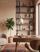 Beaded pendant hanging beside tall bookshelves above a timber writing desk