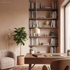 Beaded pendant hanging beside tall bookshelves above a timber writing desk