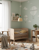 Beaded pendant in a pale green nursery above a wooden cot and toy shelf