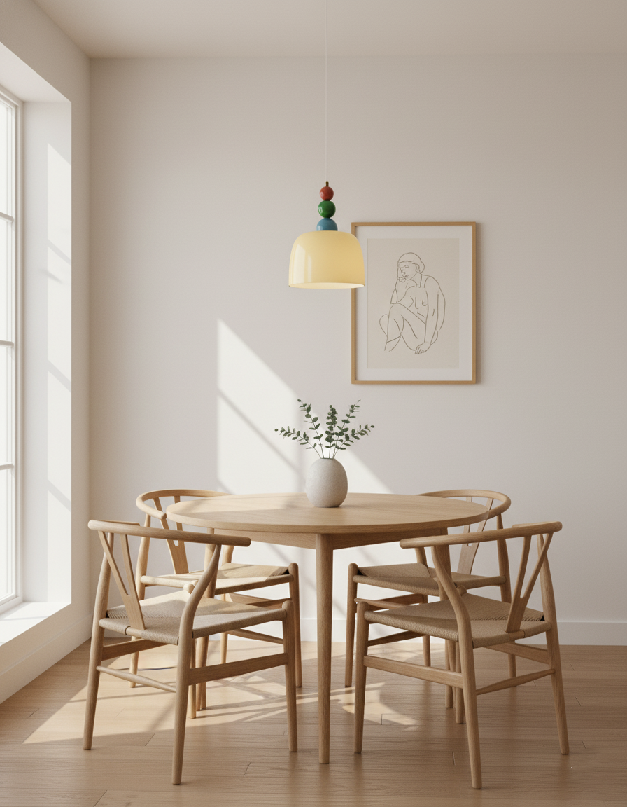 Beaded pendant above a round dining table with pale wishbone style chairs