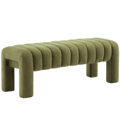 Bedroom Bench – Green Boucle Upholstered Seat With Solid Wood Legs - Upholstered Bedroom Bench - Hurbane Home