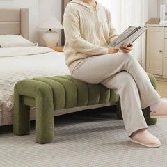 Bedroom Bench – Green Boucle Upholstered Seat With Solid Wood Legs - Upholstered Bedroom Bench - Hurbane Home
