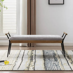Bedroom Bench – Modern Chenille Upholstered Seat With Arms And Metal Legs - Upholstered Bedroom Bench - Hurbane Home