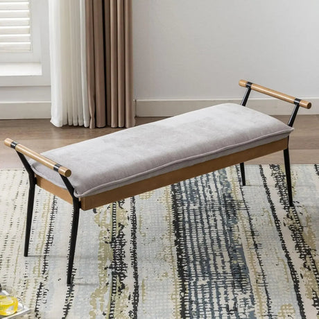 Bedroom Bench – Modern Chenille Upholstered Seat With Arms And Metal Legs - Upholstered Bedroom Bench - Hurbane Home