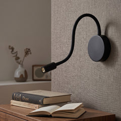 Black gooseneck reading light above a bedside table and open book