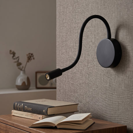 Black gooseneck reading light above a bedside table and open book