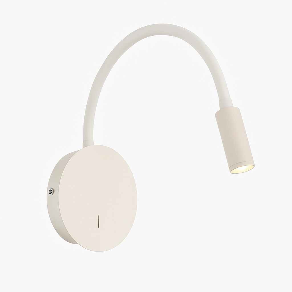 Cream reading light shown in profile with the arm curved over