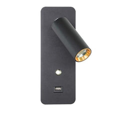 Black bedside reading light seen from the front with the head raised