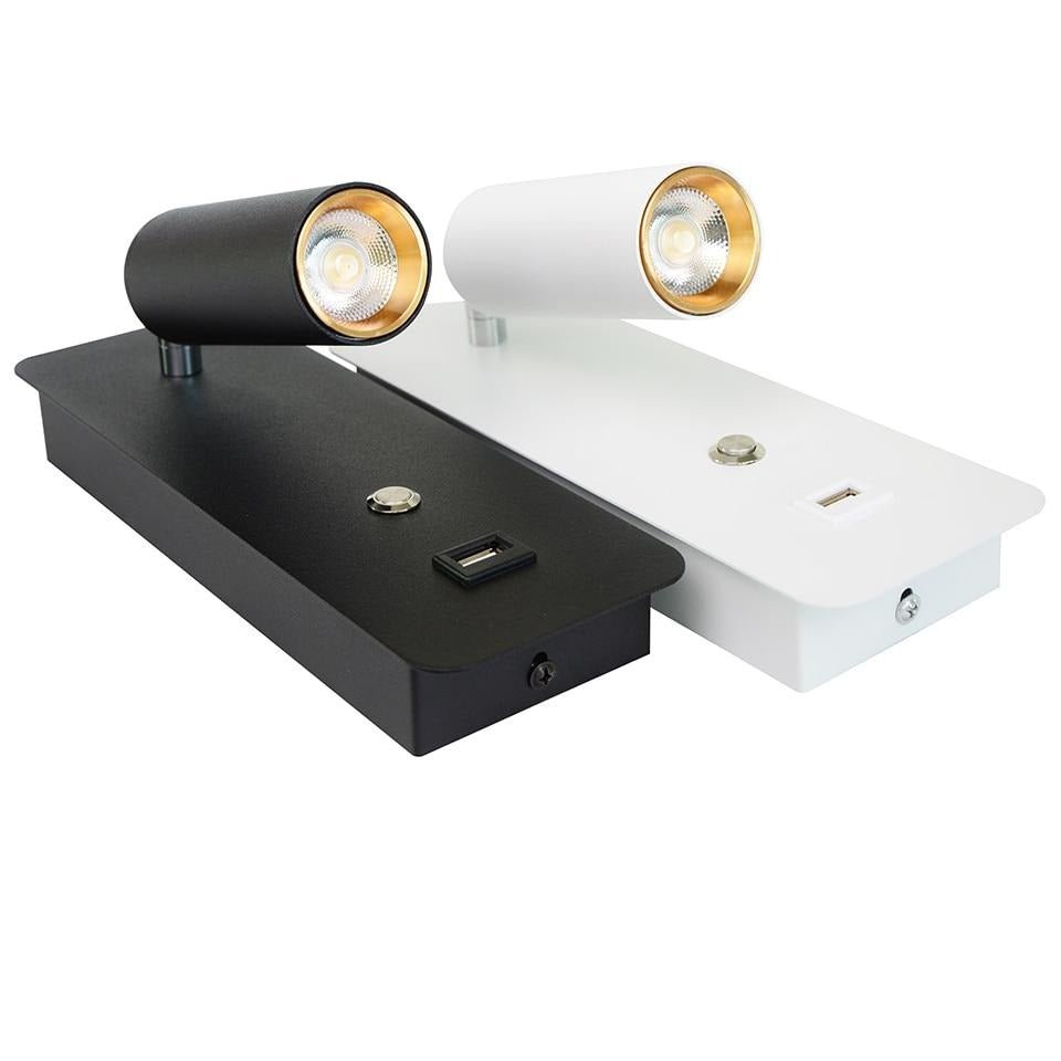 Black and white reading lights side by side showing switch and USB port